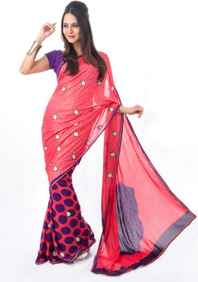 

Cenizas Self Design Fashion Chiffon Saree(Red), Peach