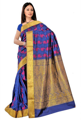 Lovely Look Printed Daily Wear Art Silk Saree(Blue, Yellow), Blue & gold