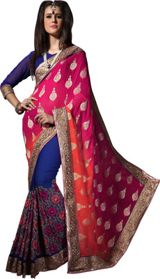 

Khoobee Self Design, Embroidered, Embellished Fashion Georgette, Viscose Saree(Pink, Orange, Blue), Blue;orange;pink