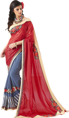 

Khushali Self Design, Embroidered, Embellished Fashion Georgette, Lycra Saree(Red, Light Blue, Beige), Beige;light blue;red