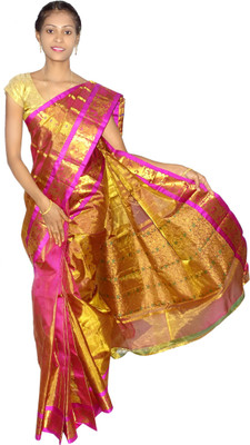 

Mahaveersilkcreations Woven Kanjivaram Handloom Silk Saree(Pink), Pink panther