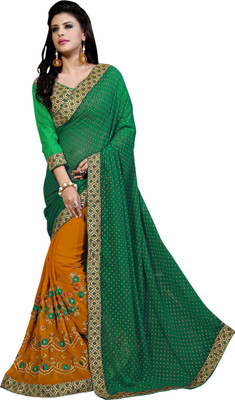 

Khoobee Self Design, Embroidered, Embellished Fashion Georgette, Jacquard Saree(Green, Orange, Beige), Beige;green;orange