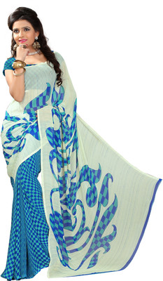 

Khoobee Self Design, Printed Fashion Georgette Saree(White, Light Blue), Light blue;white