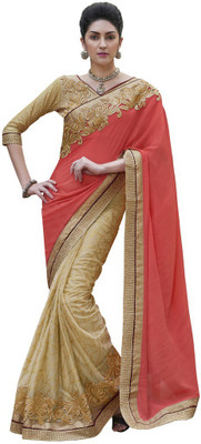 

Desi Butik Embroidered Fashion Chiffon, Lycra Saree(Orange, Beige), Orange and beige