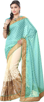 

Ishin Embellished Fashion Georgette Saree(Blue), Firozi & cream