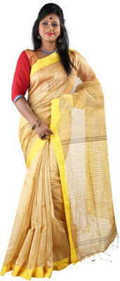 Hawai Solid Fashion Silk Cotton Blend Saree(Gold, Yellow)
