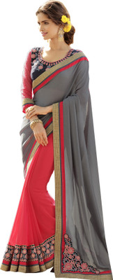 

Jiya Self Design, Embroidered, Embellished Fashion Georgette, Jacquard Saree(Grey, Pink, Dark Blue), Dark blue;grey;pink