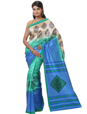 JTInternational Printed Bhagalpuri Silk Saree(Green, Blue), Blue;green