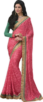 

Manthan Embroidered Daily Wear Satin, Chiffon Saree(Pink)