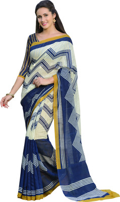 

Manthan Printed Daily Wear Cotton Saree(White, Blue), Off-white & blue