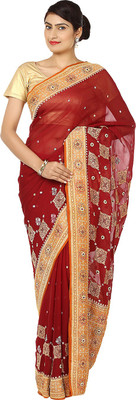 

Zain Textiles Woven Banarasi Handloom Pure Chiffon Saree(Maroon, Orange)