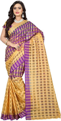 

Kanheyas Checkered Fashion Silk Cotton Blend Saree(Purple), Beige purple