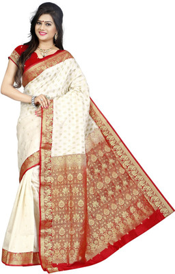 JagannathSaree Woven Fashion Silk Saree(White, Red), Red;white