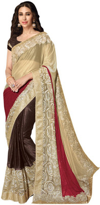 Desi Butik Embroidered Fashion Georgette Saree(Beige, Red, Brown), Beige and red and brown