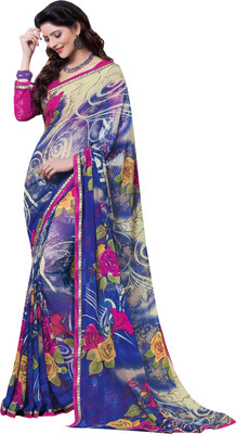 

Manthan Printed Daily Wear Georgette Saree(Blue), Beige;blue