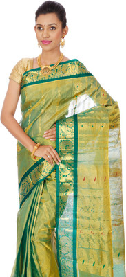 

Mahaveersilkcreations Woven Kanjivaram Handloom Tissue Saree(Green), Green magic