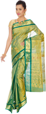 

Mahaveersilkcreations Woven Kanjivaram Handloom Pure Silk Saree(Green), Indigo puregreen