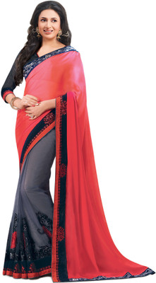 Indianbeauty Solid Bollywood Pure Chiffon Saree(Red, Grey), Grey;red
