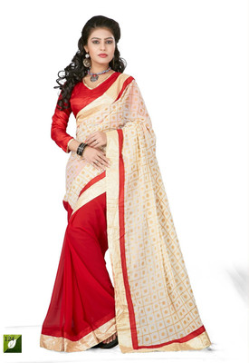 

Helixenterprise Printed Fashion Handloom Georgette Saree(Red), Cream;red