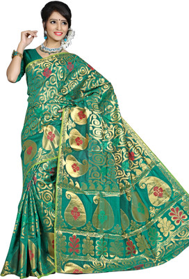 Mimosa Self Design Kanjivaram Net, Silk, Jacquard Saree(Multicolor), Rama