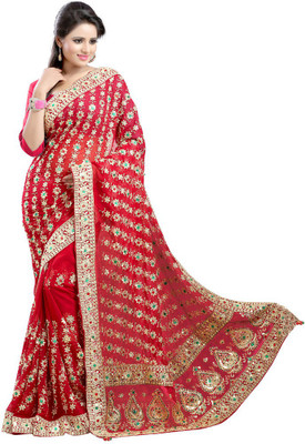 

Desi Butik Embroidered Fashion Georgette Saree(Red)