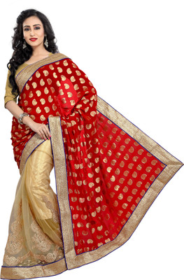 

Brijraj Embroidered Fashion Net, Viscose Saree(Beige, Red)