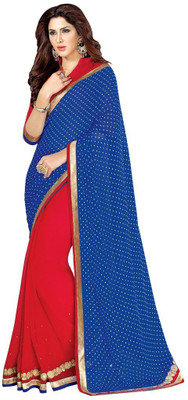 

Desi Butik Embroidered Fashion Georgette Saree(Red, Blue), Red and blue