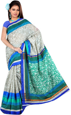 

Khoobee Geometric Print Bhagalpuri Art Silk Saree(Grey, Green), Green;grey