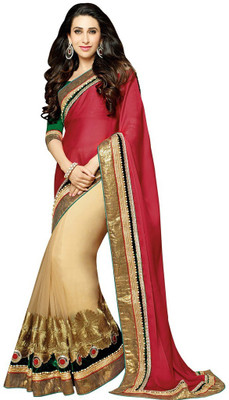

Desi Butik Embroidered Fashion Chiffon, Net Saree(Red, Mustard), Red and tan
