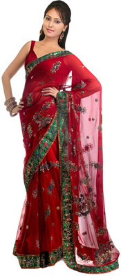 Aksh Fashion Self Design Fashion Poly Georgette Saree(Red)