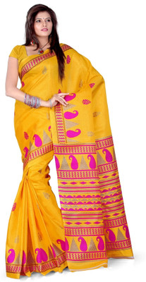 

Cenizas Printed Fashion Art Silk Saree(Yellow, Pink)