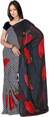 

Jaipur Kurti Printed Daily Wear Georgette Saree(Black, Red), Black;white
