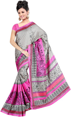 

Khoobee Geometric Print Fashion Tussar Silk Saree(Grey, Pink)