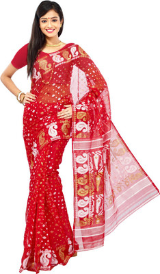 

Crochetin Woven Jamdani Handloom Silk Cotton Blend Saree(Red, White)