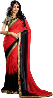 

Party Wear Dresses Embroidered Fashion Georgette Saree(Red, Black), Black;red