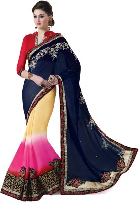 

Khushali Self Design, Embroidered Fashion Georgette Saree(Beige, Pink, Blue, Red), Beige;blue;pink;red