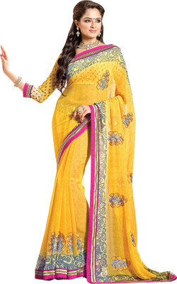 

Khoobee Self Design, Embroidered, Embellished Fashion Georgette Saree(Yellow)