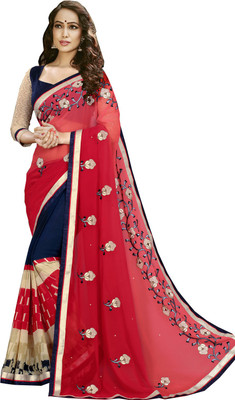 

Lovelylook Embroidered Daily Wear Georgette Saree(Red, Blue), Red & navy blue