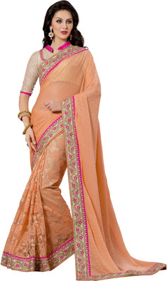 Manthan Embroidered Daily Wear Georgette Saree(Pink), Peach