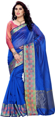 Mimosa Woven Kanjivaram Cotton Saree(Blue), Royal blue