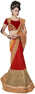 

Desi Butik Embellished Fashion Chiffon, Net Saree(Yellow, Red), Red;yellow