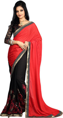 

Party Wear Dresses Embroidered Fashion Georgette Saree(Red, Black), Black;red