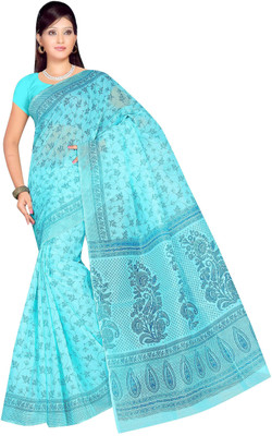 

revathi textiles Printed Gadwal Cotton Saree(Blue)