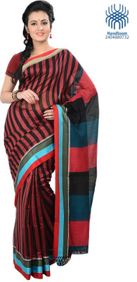 

Tantuja Striped Tangail Handloom Cotton Saree(Red, Black)