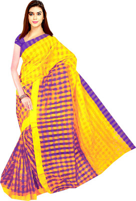 

Tyra Sarees Checkered Banarasi Handloom Cotton Saree(Purple, Yellow)