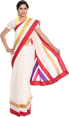Darps Self Design Balarampuram Cotton Saree(Multicolor), Cream