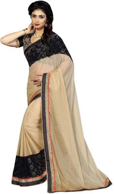 

Saara Floral Print Fashion Lycra Saree(Beige, Black), Beige and black