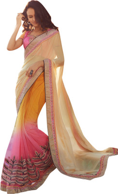 

Brijraj Embroidered Fashion Satin, Chiffon, Net Saree(Pink, Yellow, Beige), Beige;pink;yellow