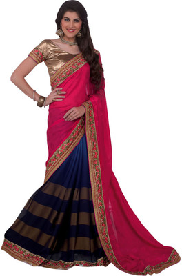 

Saara Embroidered Fashion Chiffon Saree(Pink, Dark Blue), Navy blue;pink