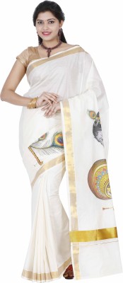 Creative weaves Graphic Print Mundum Neriyathum Cotton Blend Saree(White)